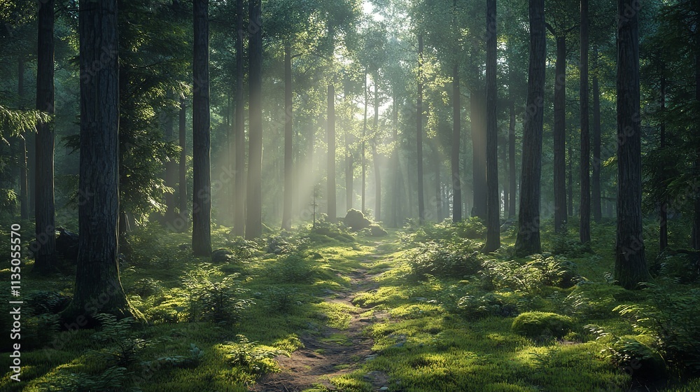 Naklejka premium Sunbeams Illuminating a Misty Forest Clearing