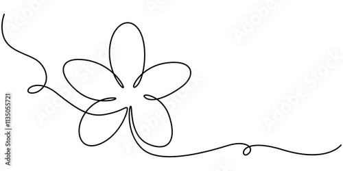 One continuous line drawing of Plumeria flower. Frangipani blossom with petals for floral tattoo in simple linear style. Plumeria flower continuous one line art style vector illustration.