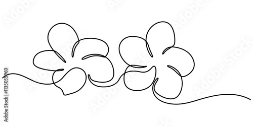 One continuous line drawing of Plumeria flower. Frangipani blossom with petals for floral tattoo in simple linear style. Plumeria flower continuous one line art style vector illustration.