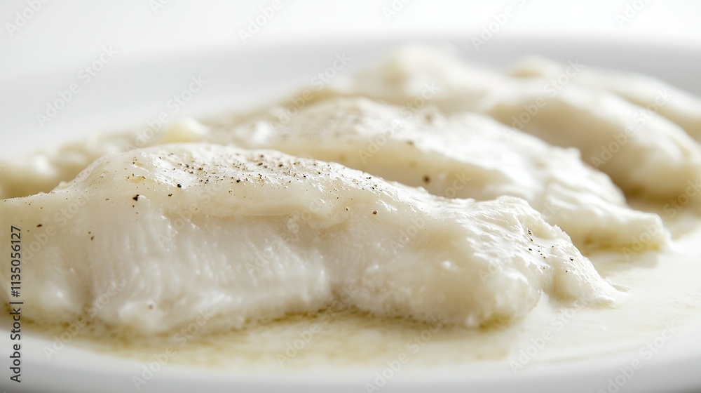 Lutefisk showing tender texture and creamy sauce. Lutefisk showing tender texture and creamy sauce.