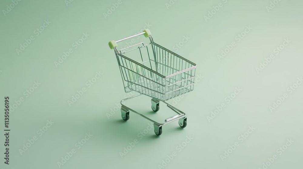 Miniature Shopping Cart on Green Background Miniature Shopping Cart on Green Background