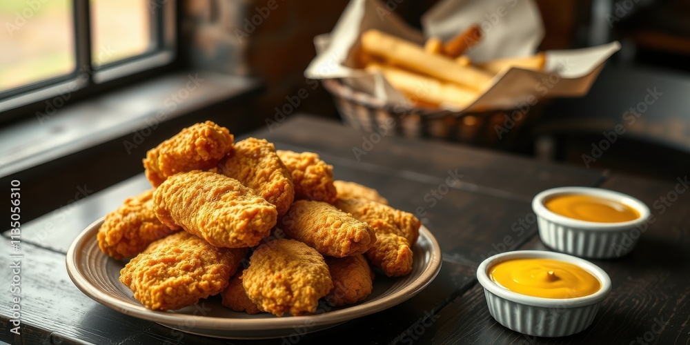 A plate of crispy fried chicken tenders rests on a wooden table, accompanied by two small bowls filled with a bright yellow dipping sauce.