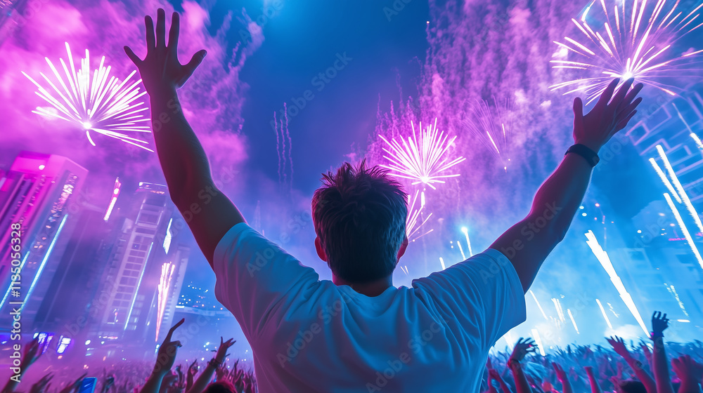 Obraz premium Crowd celebrating under fireworks at a vibrant night festival
