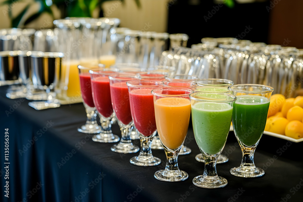 Colorful fruit juices await guests, adding freshness and vibrance to the festive atmosphere Colorful fruit juices await guests, adding freshness and vibrance to the festive atmosphere