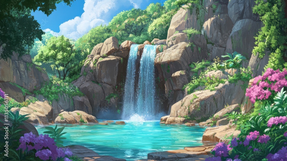 Naklejka premium Serene Waterfall Pool in Lush Tropical Paradise