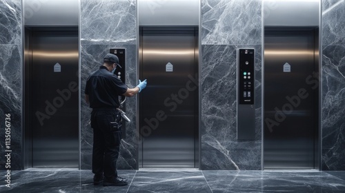 Disinfecting Elevator Buttons in Modern Corporate Lobby