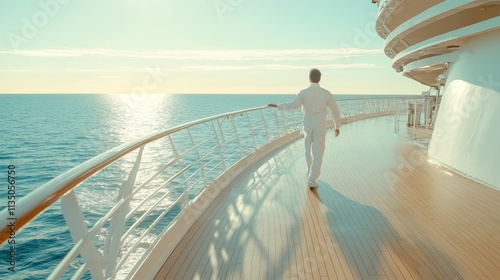 Crew Member Wiping Down Handrails on Cruise Ship Deck