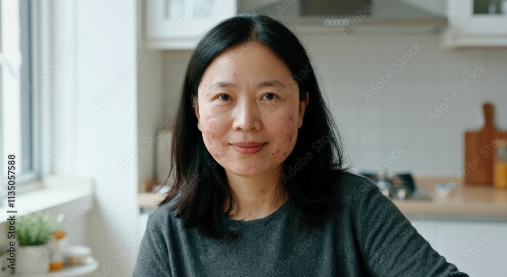Asian female in kitchen interior with natural light and relaxed atmosphere Asian female in kitchen interior with natural light and relaxed atmosphere