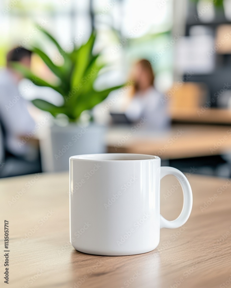 Fototapeta premium Employees Enjoy a Relaxed Workspace With Coffee Mug and Vibrant Decor in a Modern Office