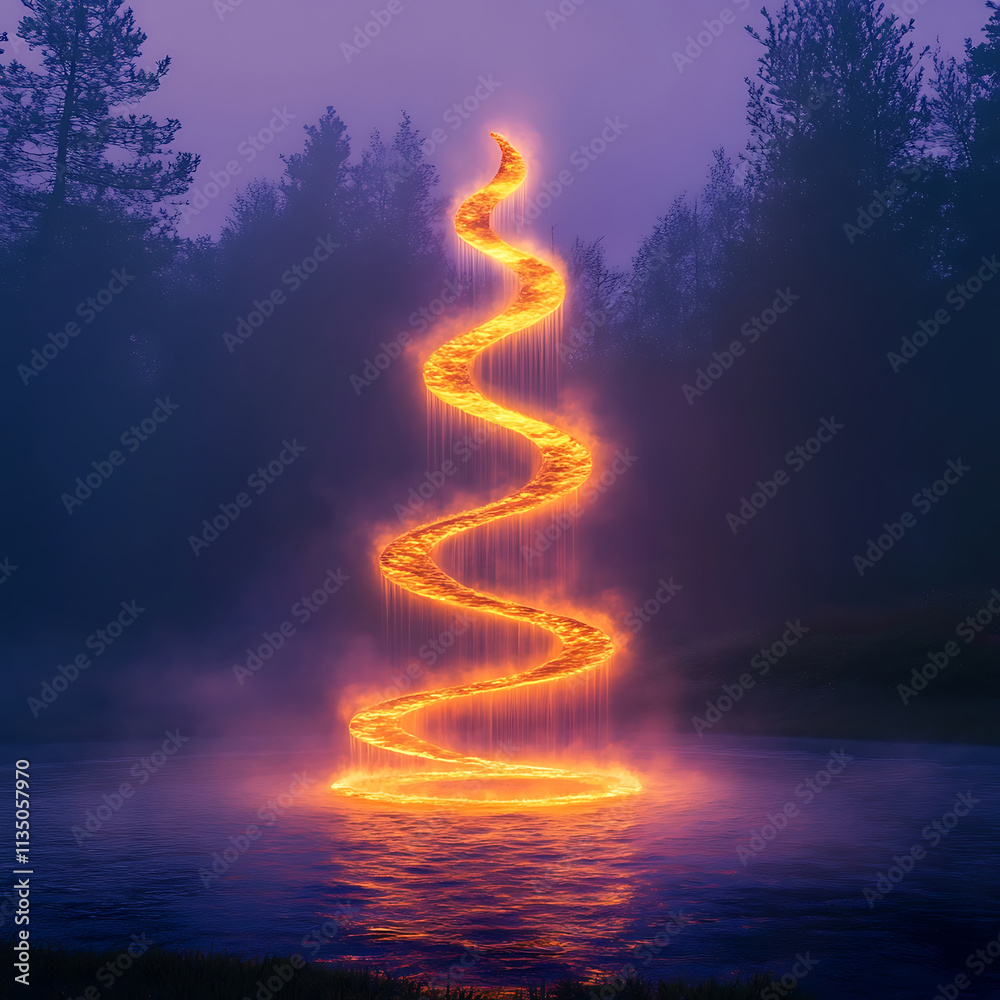 Obraz premium Glowing Spiral Light Above Water at Dusk