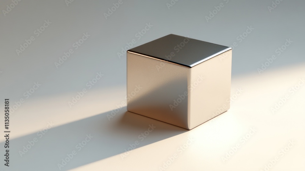A metallic cube sits on a light surface A metallic cube sits on a light surface