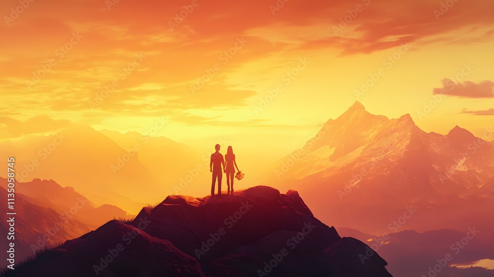 Couple Silhouetted Against Sunset Mountain Vista Couple Silhouetted Against Sunset Mountain Vista