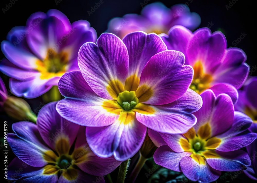 Close-Up Night Photography of Lilac Primrose Petals, Pistils, and Stamens - Vibrant Floral Details in Dark Background for Nature Lovers and Botanical Enthusiasts