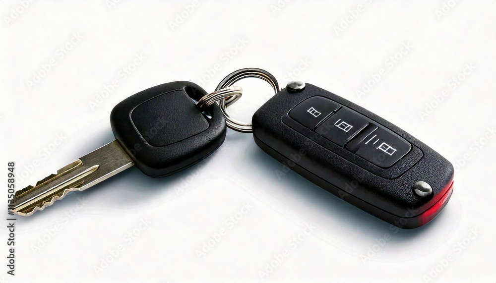 Car key and remote fob displayed on white background automotive accessories minimalist style close-up view Car key and remote fob displayed on white background automotive accessories minimalist style close-up view