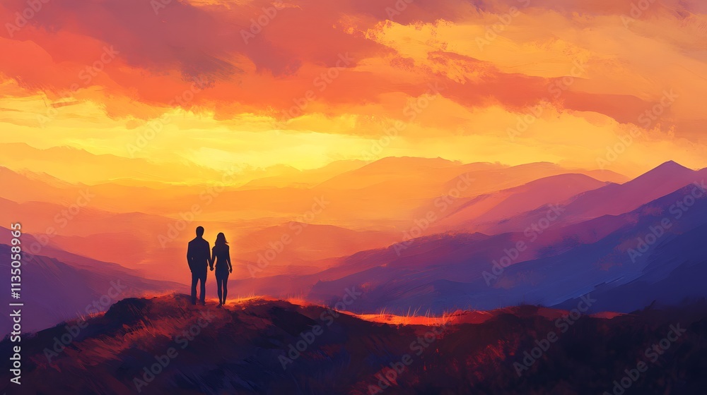 Silhouette Couple Watching Sunset Over Majestic Mountains Silhouette Couple Watching Sunset Over Majestic Mountains