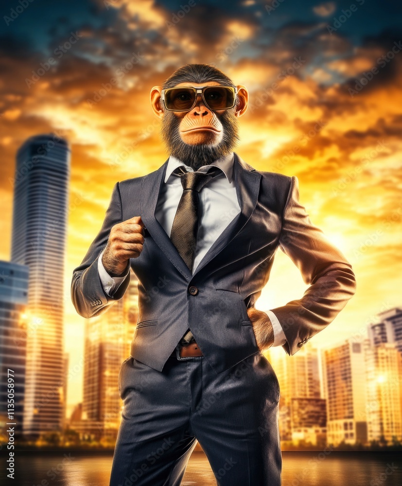 Anthropomorphic monkey dressed as businessman clothes in office, bright suset background Anthropomorphic monkey dressed as businessman clothes in office, bright suset background