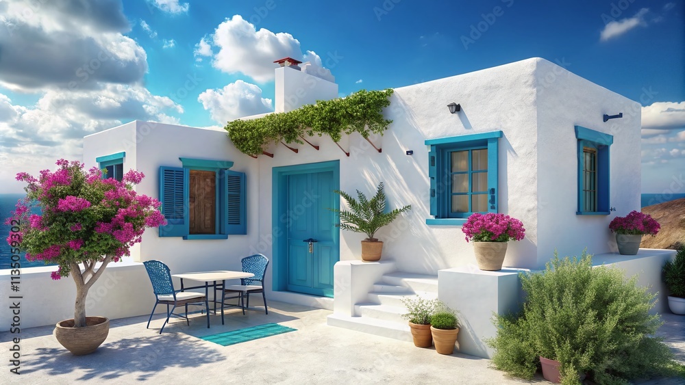 Fototapeta premium Minimalist 3D Rendering of a Traditional Greek Cyclades House, Symbolizing Summer Holidays with Whitewashed Walls and Blue Accents Against a Clear Sky