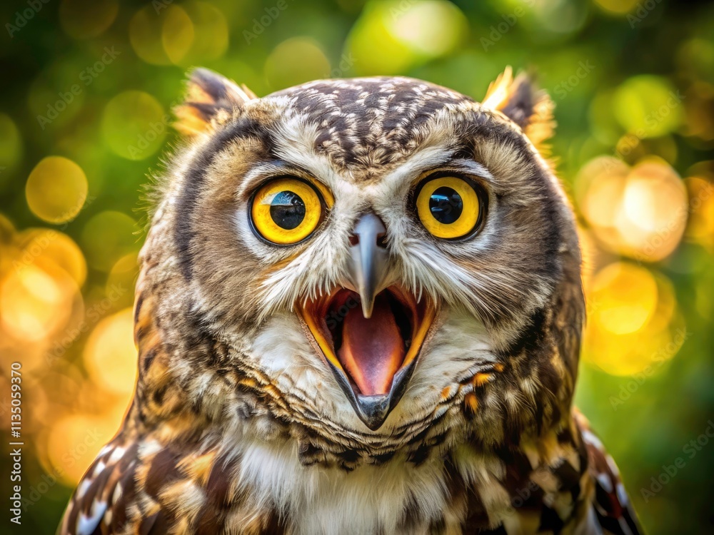 Fototapeta premium Close-up Portrait of a Majestic Owl with Wide Open Mouth and Bright Yellow Eyes in a Natural Setting, Capturing the Beauty of Wildlife and Nature Photography