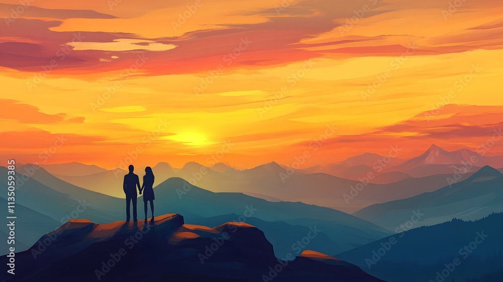 Fototapeta premium Couple Silhouetted Against Vibrant Sunset Mountain View