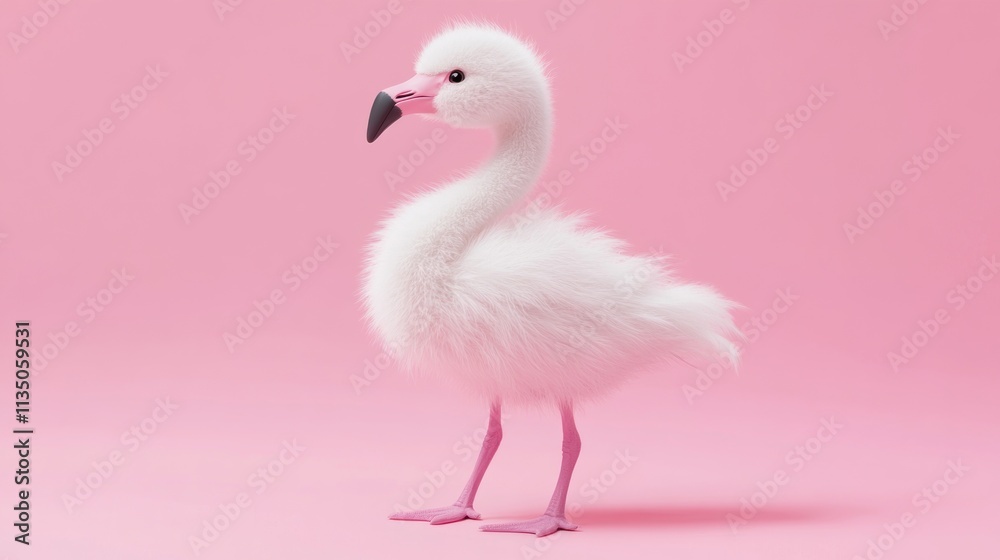 A fluffy white flamingo chick stands on pink A fluffy white flamingo chick stands on pink