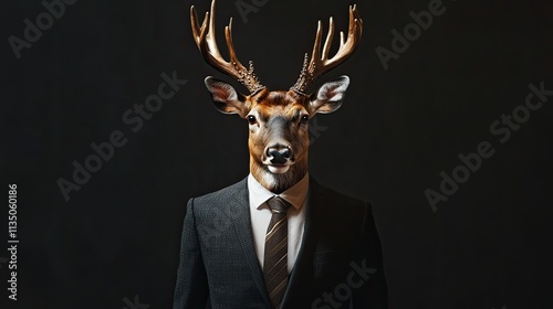 Deer in clothes with shiny antlers. Business man in a suit and tie with a deer head. 