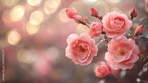 Blooming Pink Roses, Soft Bokeh Background