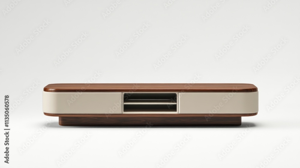 Modern Wooden Media Console With Beige Panels Modern Wooden Media Console With Beige Panels