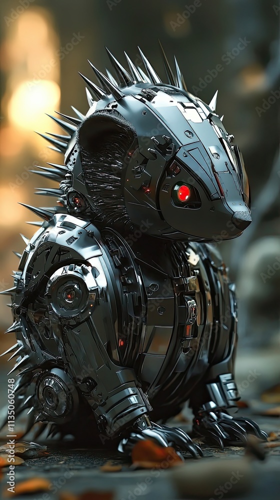A Spiked Mechanical Canine Robot Sits Among Autumn Leaves A Spiked Mechanical Canine Robot Sits Among Autumn Leaves