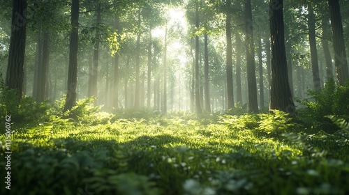 Sunbeams Illuminating a Misty Forest Clearing