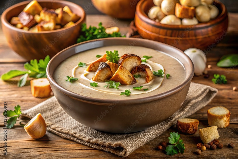 Creamy Mushroom Soup Recipe: Panoramic Photo of Hearty Lunch or Dinner Creamy Mushroom Soup Recipe: Panoramic Photo of Hearty Lunch or Dinner