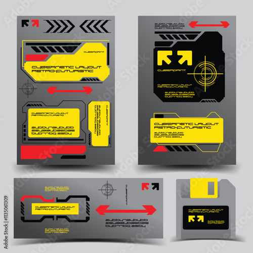 cyberpunk y2k 2000s gaming futuristic icon pattern set collection banner poster template hud for branding decoration decals, 2d illustration rendering vector 