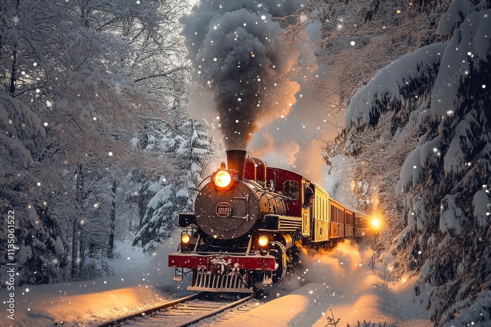 The red steam locomotive is driving through the forest in the lights. Day. Snow. Christmas The red steam locomotive is driving through the forest in the lights. Day. Snow. Christmas
