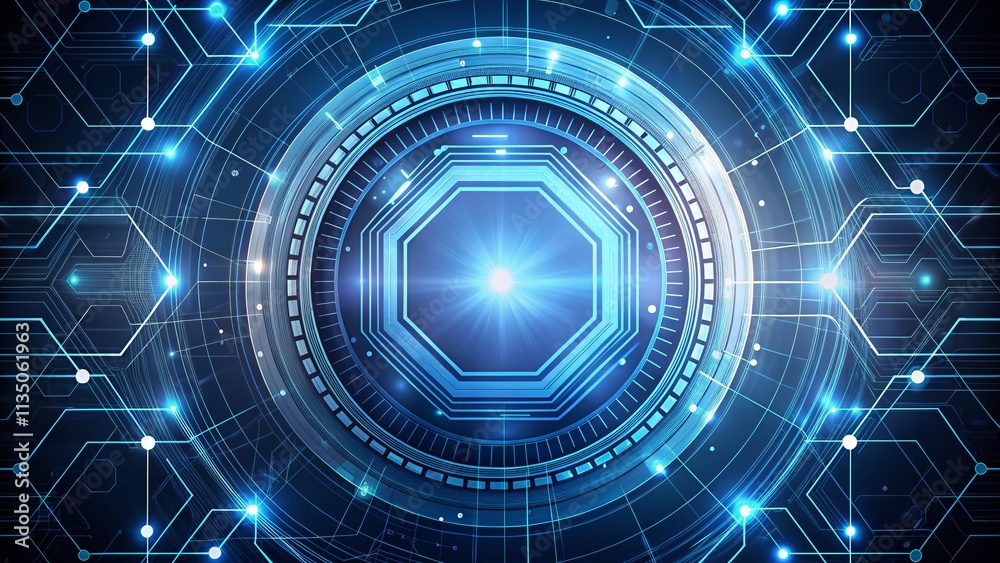 Minimalist Circle HUD with Circuit Lines Connected to Hexagon Shape on a Clean Background for Futuristic Technology Concepts and Digital Designs Minimalist Circle HUD with Circuit Lines Connected to Hexagon Shape on a Clean Background for Futuristic Technology Concepts and Digital Designs