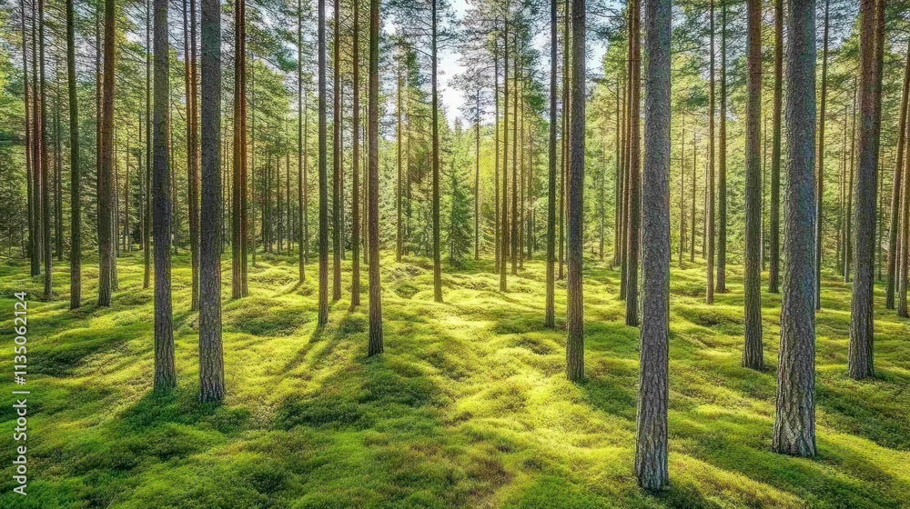 Sunlit Pine Forest Floor Covered In Moss Sunlit Pine Forest Floor Covered In Moss