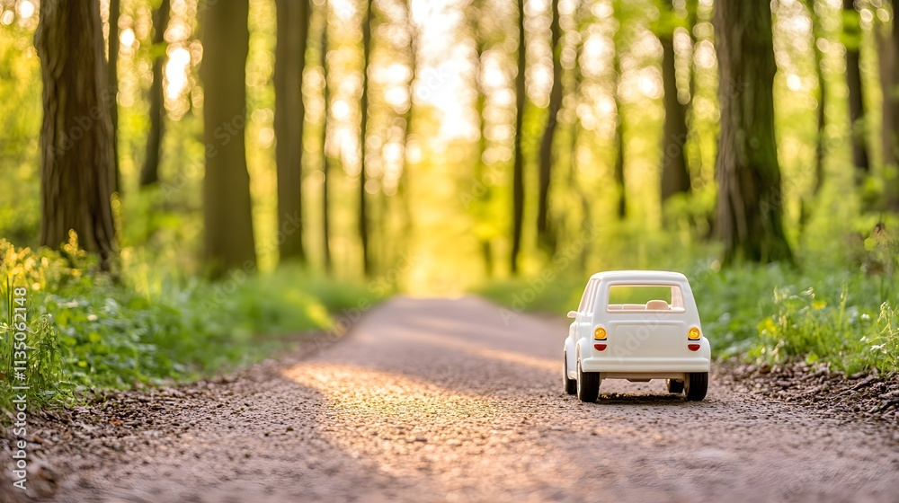 Toy car driving through serene forest path nature scene peaceful environment close-up view Toy car driving through serene forest path nature scene peaceful environment close-up view