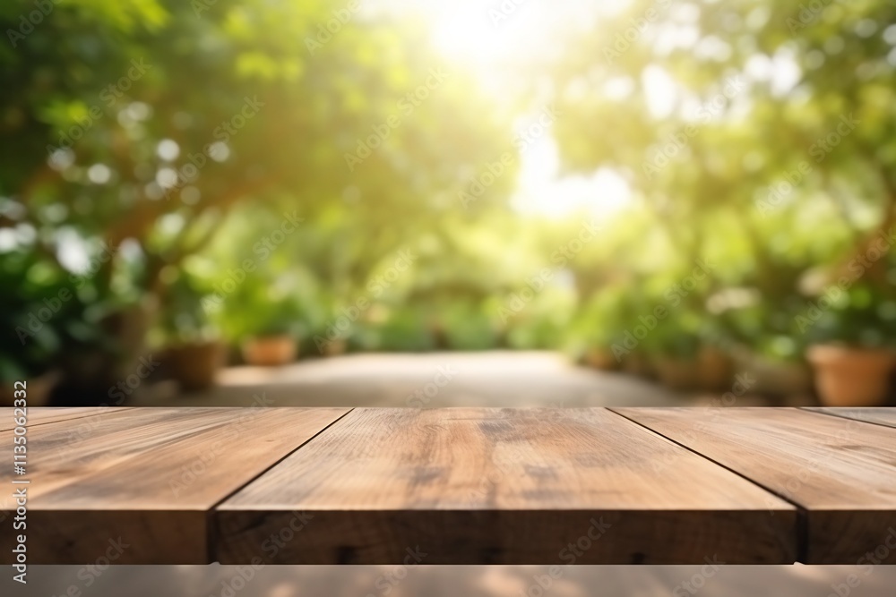 Empty Wooden Table in Blurred Spring Garden Cafe Background for Product Display Montage Empty Wooden Table in Blurred Spring Garden Cafe Background for Product Display Montage
