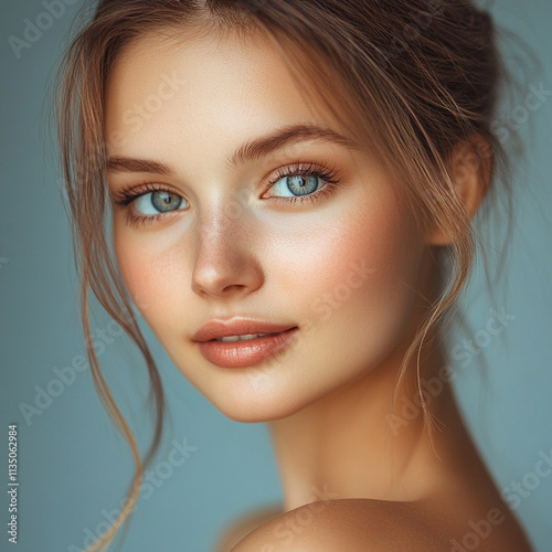 Woman with long brown hair and blue eyes is smiling. She has a light makeup look on her face