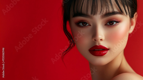 Woman with red lipstick and red hair is standing in front of a red background. Concept of confidence and boldness, as the woman's makeup and hair color are both striking and attention-grabbing