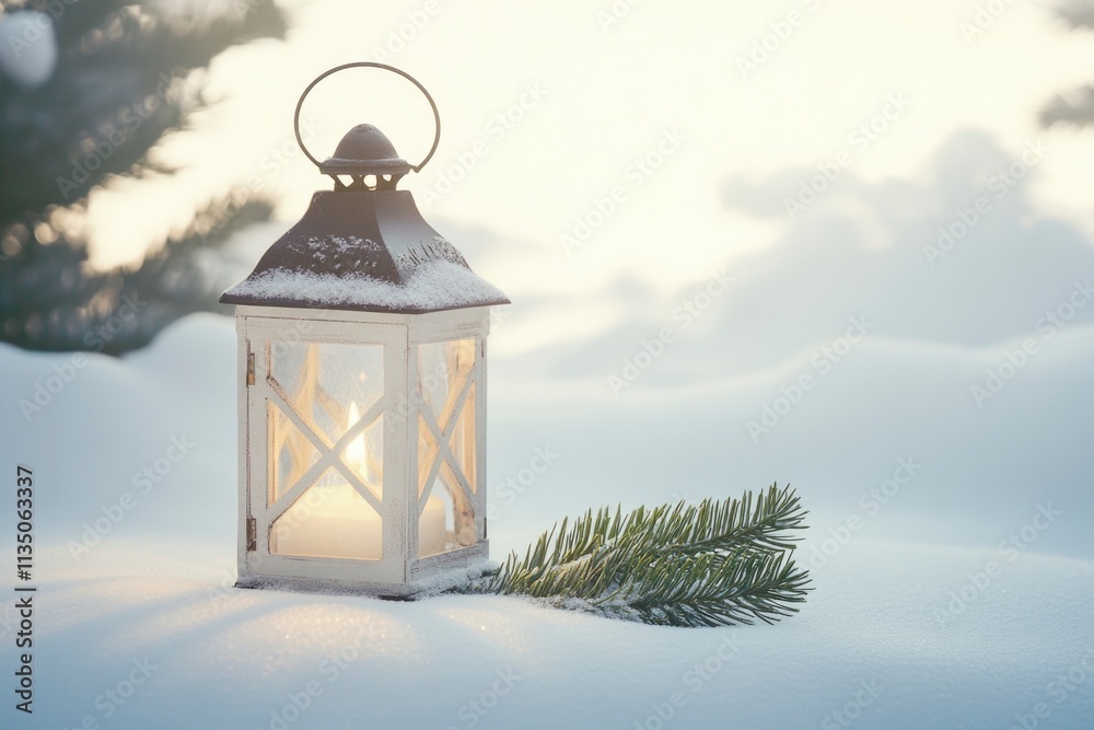 Christmas Lantern On Snow With Fir Branch in the Sunlight. Winter Decoration Background Christmas Lantern On Snow With Fir Branch in the Sunlight. Winter Decoration Background