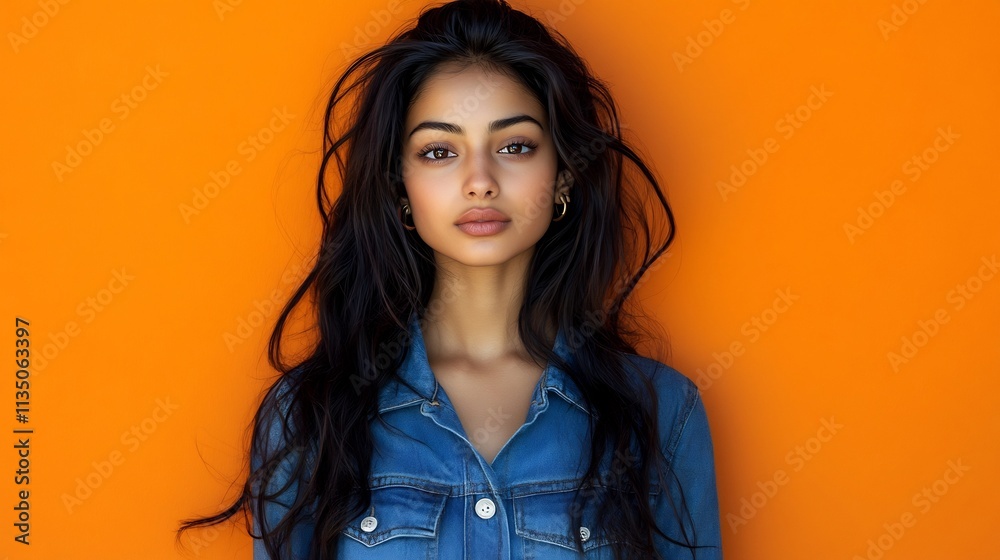 Fashionable Indian Girl Posing Against Orange Wall for Studio Portrait Fashionable Indian Girl Posing Against Orange Wall for Studio Portrait