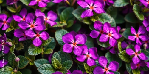 Vibrant purple flower petals and leaves in full bloom, creating a colorful and eye-catching image, full bloom, vibrant, colorful