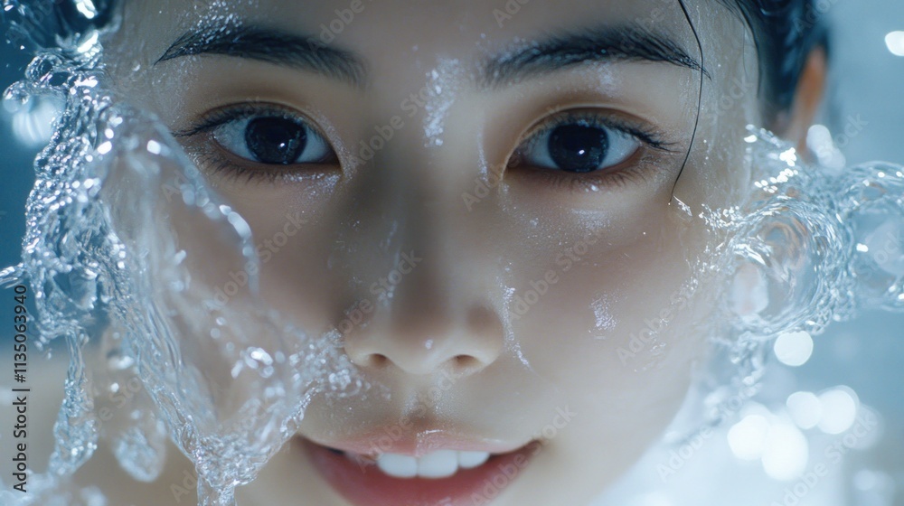 Womans face splashed with refreshing water droplets Womans face splashed with refreshing water droplets