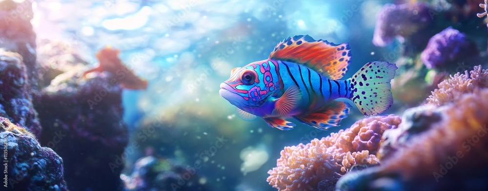 Fototapeta premium Vibrant Mandarin Fish Swimming in a Coral Reef. AI generated illustration