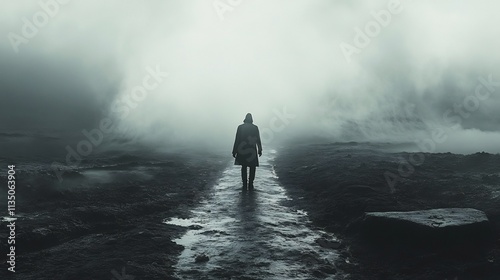 Solitary Figure Journeys Down Misty Atmospheric Path