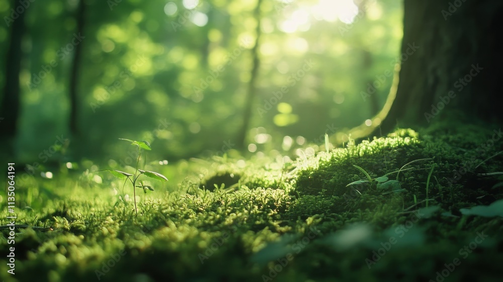 Sunlit mossy forest floor in serene woodland clearing Sunlit mossy forest floor in serene woodland clearing