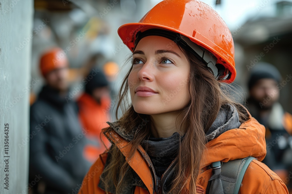 A female constructor in a hard hat giving instructions to her team on a building site A female constructor in a hard hat giving instructions to her team on a building site