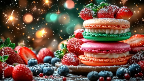 A lot of macarons, strawberries, blueberries, blackberries flying in the cosmos, sparkl stars