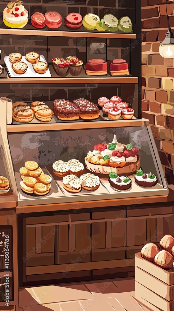 A Bakery Display Filled With Delicious Pastries And Cakes A Bakery Display Filled With Delicious Pastries And Cakes
