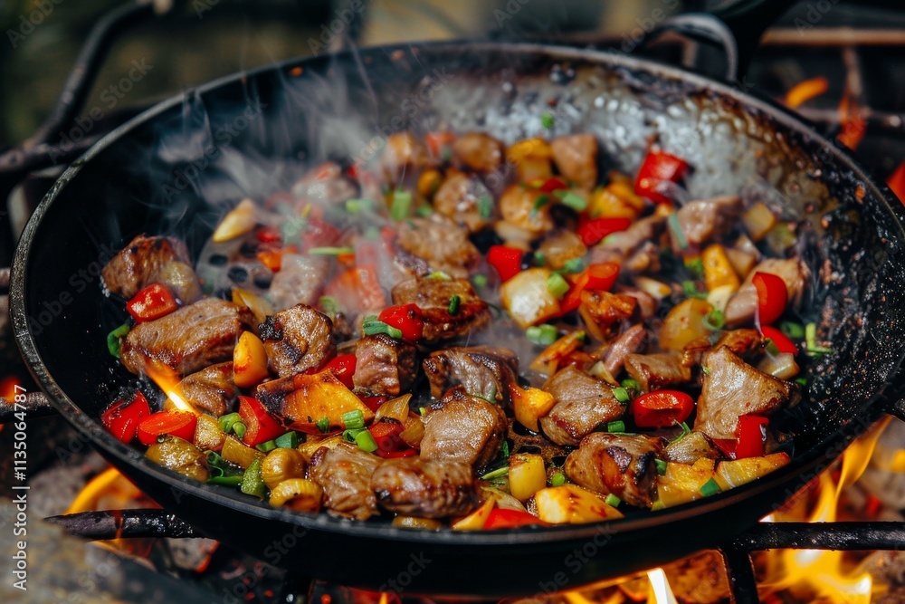 Beef and colorful vegetables sizzle together in a cast-iron skillet over an open flame, releasing steam and delicious aromas, as sunlight illuminates the outdoor cooking area. Beef and colorful vegetables sizzle together in a cast-iron skillet over an open flame, releasing steam and delicious aromas, as sunlight illuminates the outdoor cooking area.