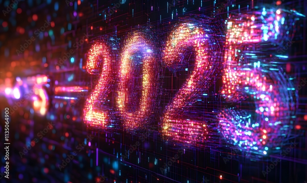 Fototapeta premium Neon 2025 date on digital grid background.